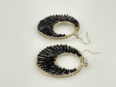 Vintage Wire Wrap Hoop Earrings Silver Tone Black Tube Beads Dangle