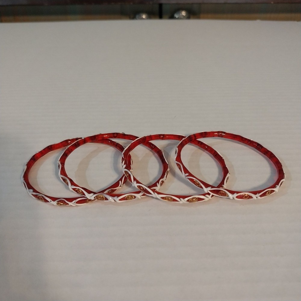 Lot of 4 Red and White Glass Bangle Bracelets Vintage 1960s India