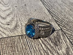 Sz 8 Cushion Cut 925 Ring Blue Topaz Color Stone Sterling Silver Filigree Signed