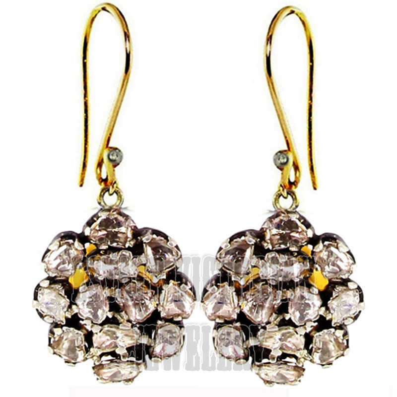 2.50ctw Genuine Old Mine Rose Antique cut Diamond Vintage Silver Cluster Earring