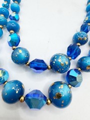 Vintage MCM Peacock Blue Iridescent Two Strand Beaded Necklace Glass Gold Fleck