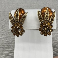 Vintage Clip On Earrings Orange Brown AB Rhinestones ￼