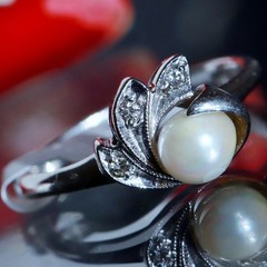 10k white gold size 6.75 ring 5.3mm cultured pearl natural diamond antique 2.28g