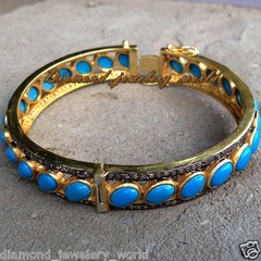 Vintage 2.49ct Rose Cut Diamond Turquoise Silver Amazing Bracelet Bangle Jewelry