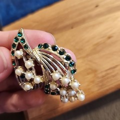 Vtg Abstract Brooch Faux Pearl Green Rhinestone Silver Toned Bouquet Art Beauty