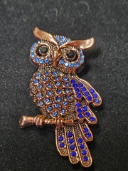 Owl Brooch Bird Pin Blue Rhinestone Gold Autumn Animal Jewelry Gift