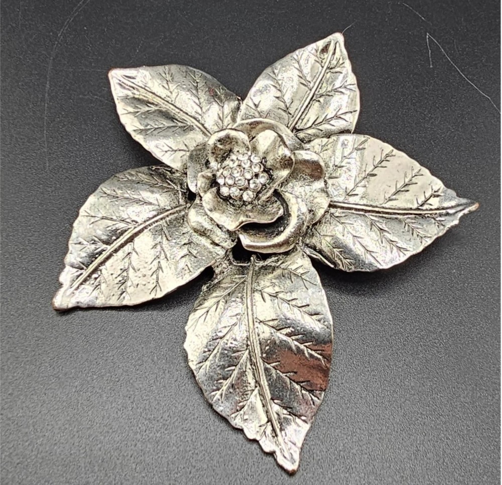 Vintage 1980s Silver Tone Flower Slide Pendant Clear Rhinestone Strass Germany