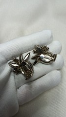 Vintage Delizza and Elster Juliana Green Cabochon Floral Clip on Earrings