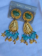 NOS 90s Gold, Blue, Green Seashell Massive Long Drop Dangle Earrings