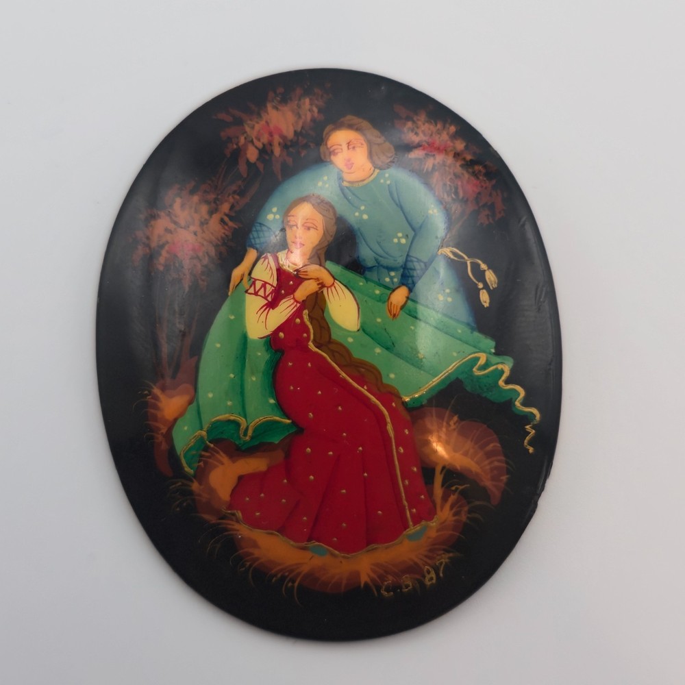 Vintage USSR Handpainted Lacquer Brooch Russian Folk Art Pin “Made in USSR” Art
