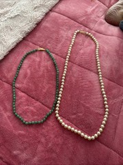 Vintage Nephrite Jade Bead Necklace Silver Clasp AND Faux Pearl Necklace
