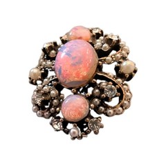 Vintage Gold Tone Filigree Fire Opal Cluster Brooch Pin Pearls