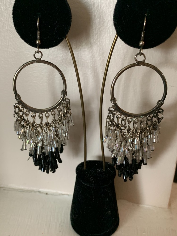 Vintage Black & Silver Beaded Mesh Dangling Circle Womans Earrings French wire