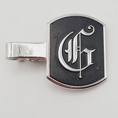 G Letter Old English Script Silver Tone Black Enamel SWANK Tie Clip Clasp