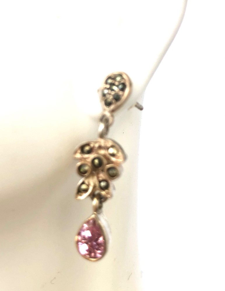 Vintage Pink Topaz Marcasite Dangle Stud Silver Earrings