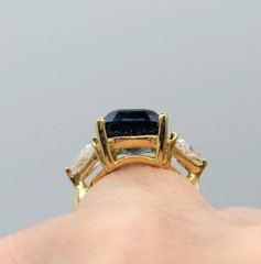 Vtg Sz 7 Ring Blue Clear Cubic Zirconia Signed 18KGE Gold Electroplated Jewelry