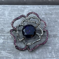 Vintage Violet & Dark Grey Rose Shaped Rhinestone Brooch Pin Purple Silver Tone