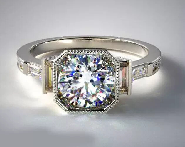 Art Deco 1.39Ct Round Lab Created Diamond 14K White Gold Finish Engagement Ring