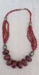 Vintage Tribal Coral Glass & Resin Copal Necklace Ethnic Metal Beads Boho Statem