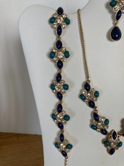 Vtg Avon JJH Blue Green Cabochon Clear Rhinestone Necklace Bracelet Earrings Set