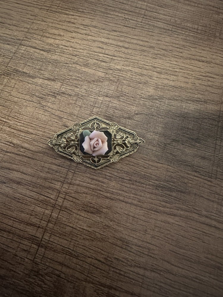Vintage Bar Pin with Hand Made Genuine Porcelain Rose-no Brand
