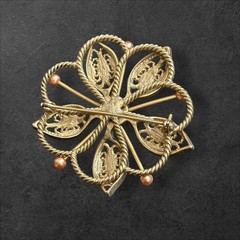 Vintage Floral Filigree Brooch Gold Tone 1.75in Faux Tiger Eye Center