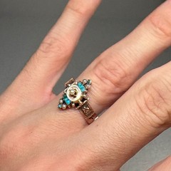 Antique VICTORIAN 10K GOLD TURQUOISE PEARL Eastlake Style Ring c1890 Size 7.5!