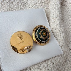Auth HERMES Vintage Enamel Mosaic Round Clip-On Earrings Gold Green Signed