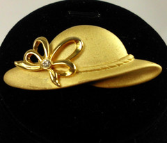 Vintage Tona Hat Brooch Satin Gold Tone Bow Clear Rhinestone Signed Pin 2.5 Inch