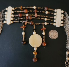 Vintage Carved Bovine Bone Horn Carnelian Beaded Choker Necklace