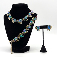 SCHIAPARELLI Parure Iridescent Peacock Blue Molded Cabochons or Lava Stones