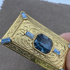 Vintage Rectangle Gold Tone With Blue Glass Rhinestones Pin Brooch