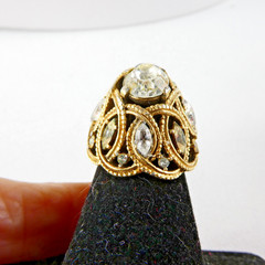 Vintage Crown Trifari Cocktail Ring Dome Shaped Gold Tone Clear Marquise Stones