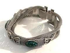 Vintage Silver Tone Filigree Mesh Bracelet Green Cabochon Stones Ornate Design