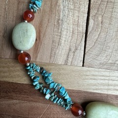 LJ Beaded Necklace 18 Inch Turquoise Carnelian Mutton Fat 925 Sterling 76.7g