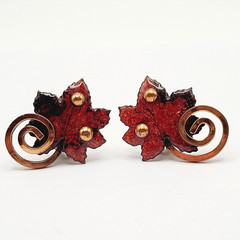 Vintage Matisse Leaf Brooch and Clip On Earrings Copper Enamel Vintage 1950s Set