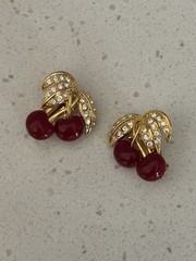 Joan Rivers Red Cherries Set Gold Tone Rhinestones Leaves Earrings