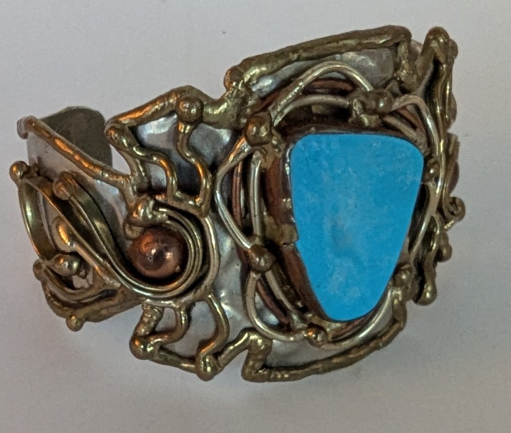 Brutalist MCM Bracelet Mixed Metals Blue Stone Large 8″ Diameter 2″ Tall