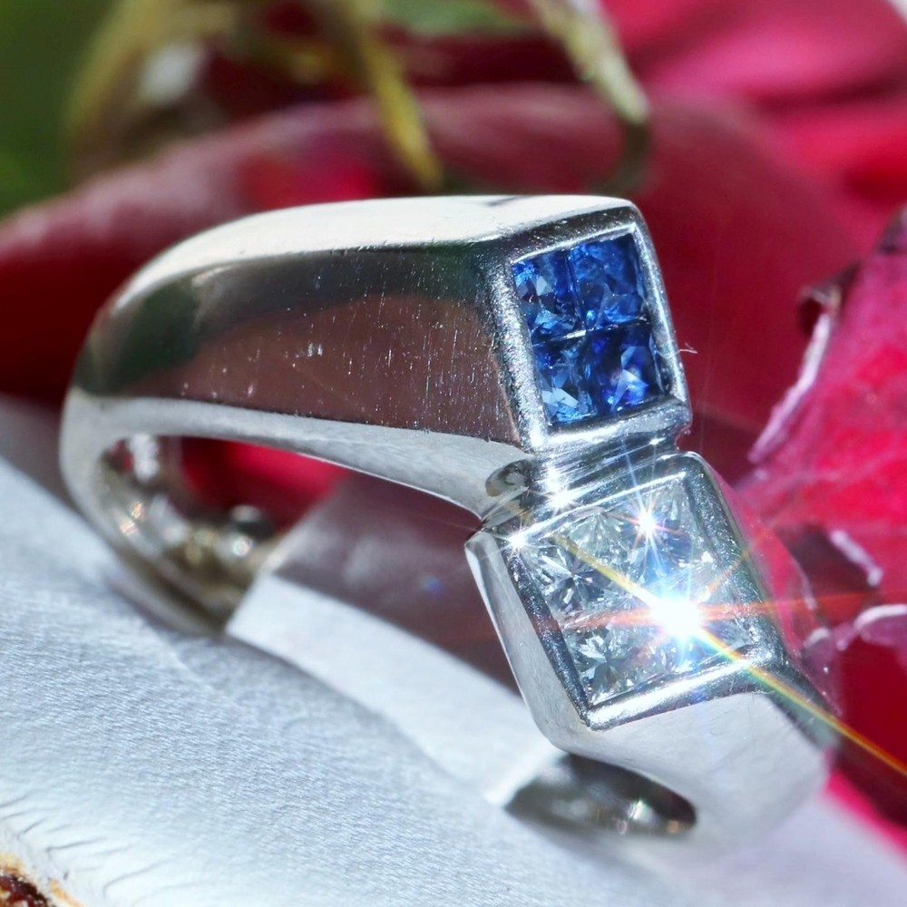 14k white gold sz 2.5 ring 0.32ct natural diamond treated sapphire vintage 4.55g