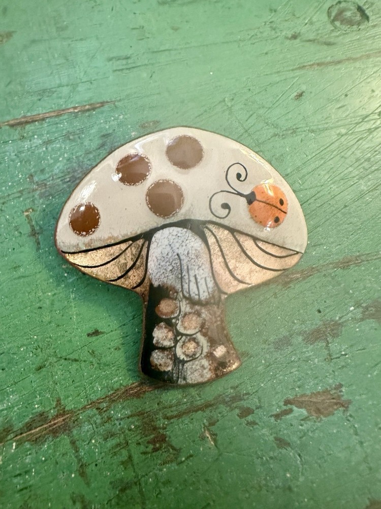 Vintage Signed Nanci Mushroom Ladybug Mid Century MCM Enamel Copper Pin Brooch