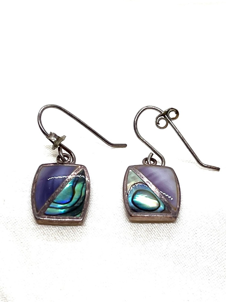 Vintage 925 Sterling Silver Abalone Mother of Pearl Geometric Dangle Earrings 3g