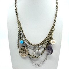 VTG Multi Strand Charm Necklace Bronze & Silver Tone Layered Boho Crystal Retro