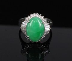 5.22ct Natural Apple Green Jadeite Jade & 0.68ct Diamond Platinum Ring Size 8.75