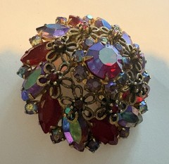 Juliana 1950s Red Rhinestone Marquise Cut Brooch with Faux Iridescent Stones