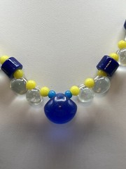 Vintage Antique Necklace Hand Knotted Clear Blue & Yellow Glass Beads #595
