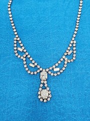 Clear Rhinestone Choker Necklace Vintage Dangle Drop Pendant 15.5 Inches Sparkly