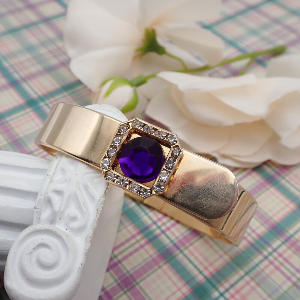 Vtg Front Tension Purple Resin Crystal Rhinestone Halo 6 1/2″ Bangle Bracelet