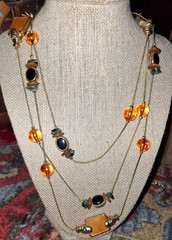 vintage korea gold plate long station necklace amber glass acrylic and enamel