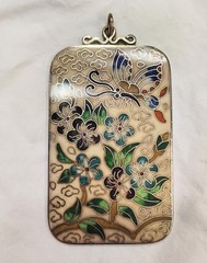 Vintage Kloison Signed Pendant w/ Flowers And Butterfly Large Cloisonne Pendant