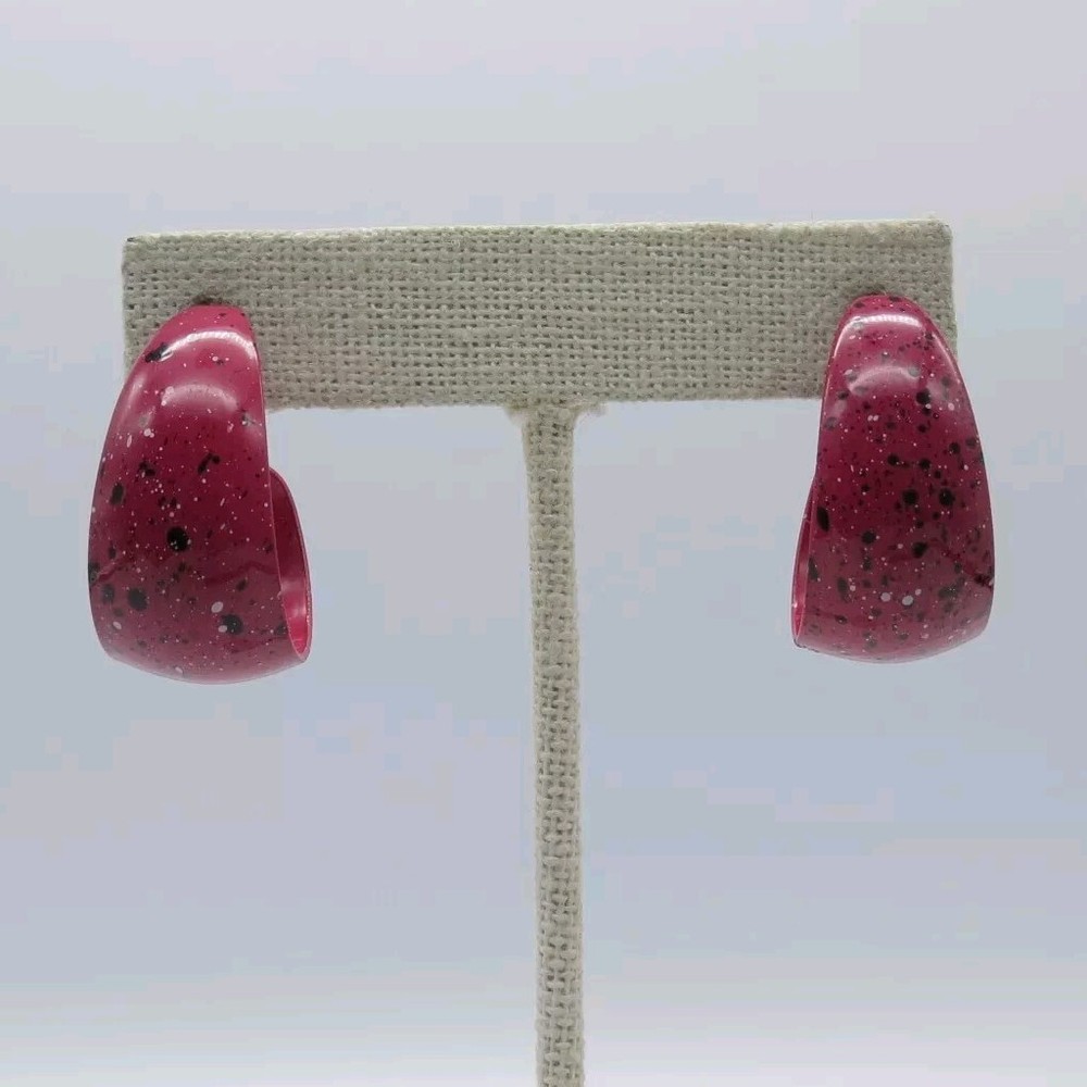 Pink Open Hoop Earrings Paint Splatter Funky Retro